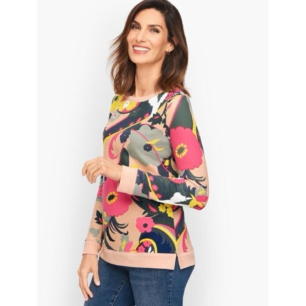 Talbots Sweatshirt Womens Peach Floral Stretch Paisley Pullover Sz XS Preppy